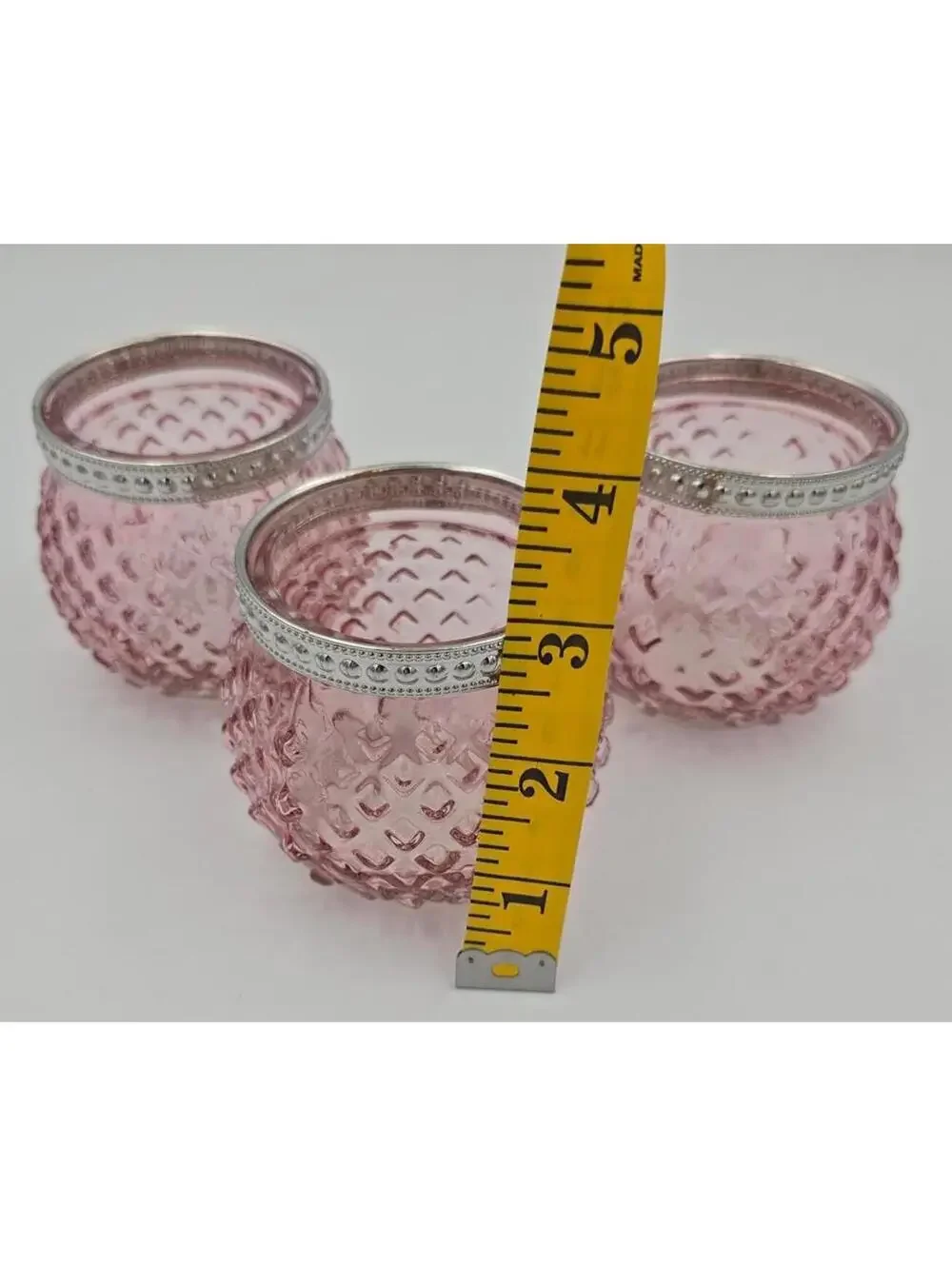 Set of 3 Pink Hobnail Glass Jars/Candle Holders w/Silver Bands